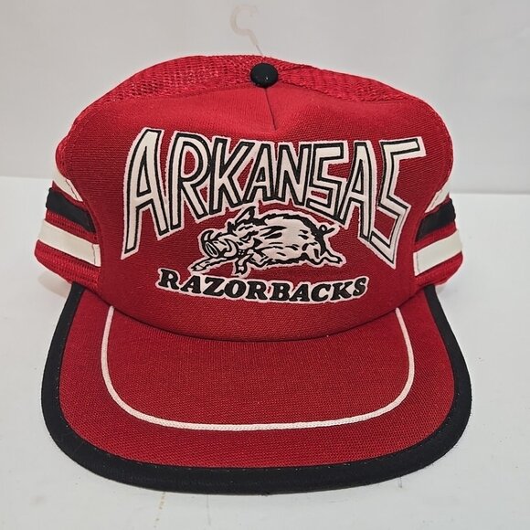 Vintage Arkansas Razorbacks Trucker Hat Cap Snap Back Mesh Hogs Logo Red Galaxy - Picture 1 of 7